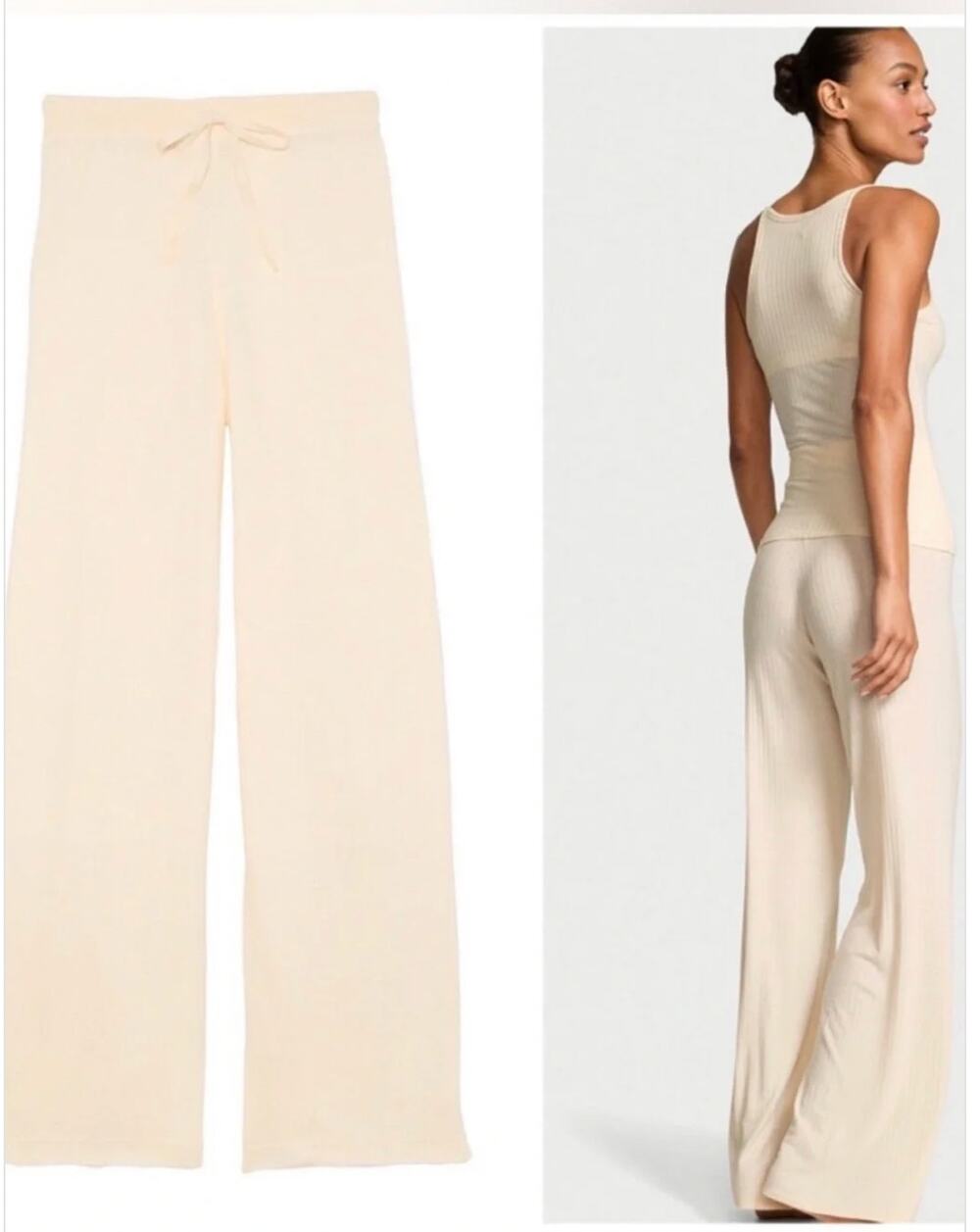 Victoria's Secret Luxe Crème Knit Lounge Pants Sz M Candlelight Cream